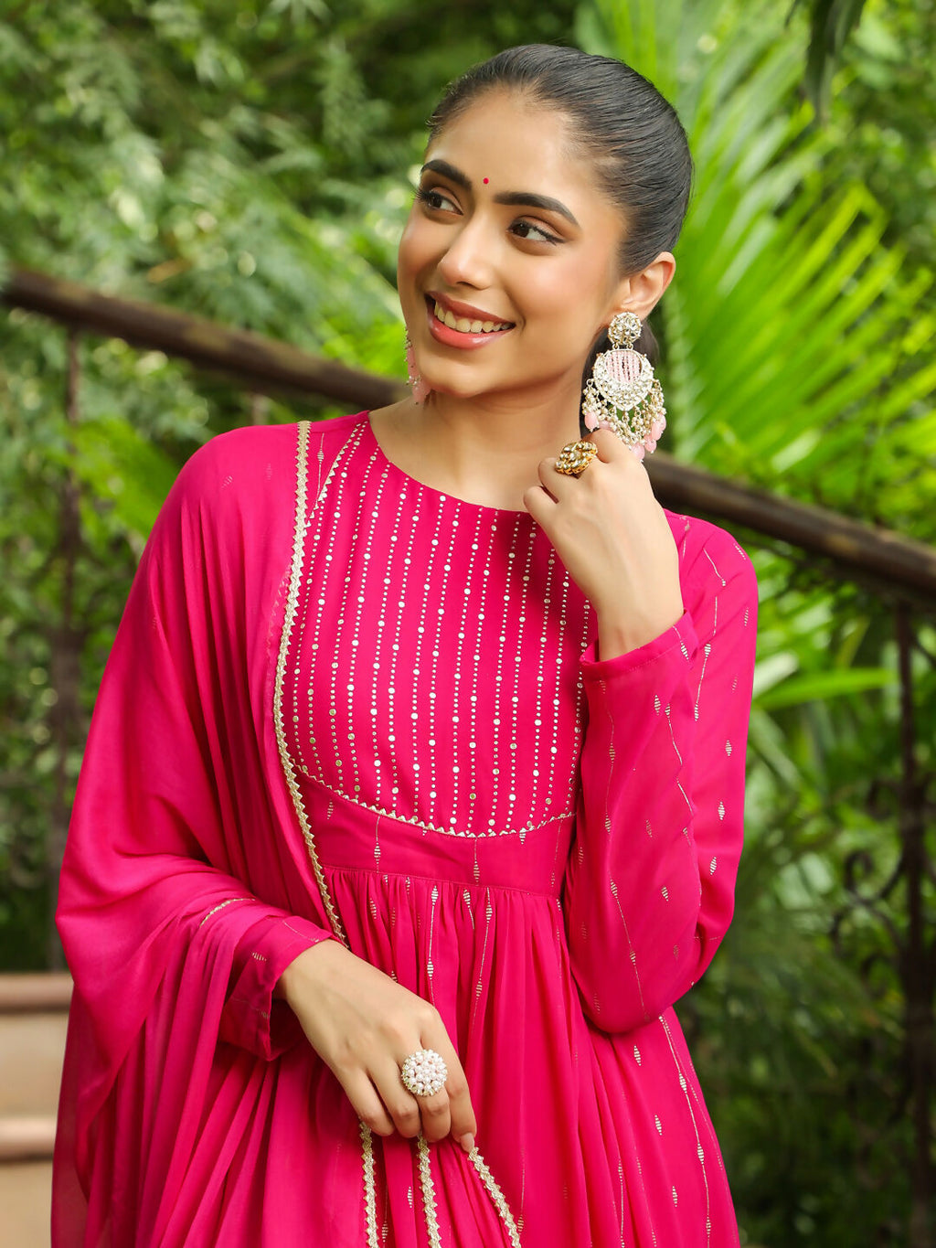 Janasya Pink Georgette Foil Print Kurta,Bottom & Dupatta | Grocsy