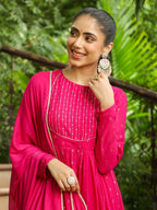 Janasya Pink Georgette Foil Print Kurta,Bottom & Dupatta | Grocsy