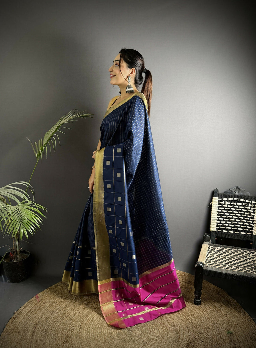 Joban Fashion Navy Blue Bhagalpuri Cotton Silk Stripes/Box Saree | Grocsy