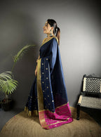 Joban Fashion Navy Blue Bhagalpuri Cotton Silk Stripes/Box Saree | Grocsy