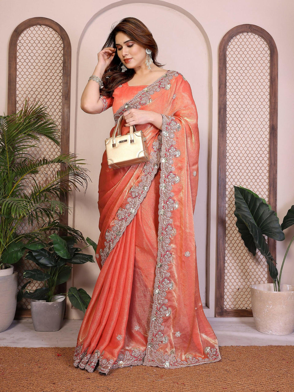 Teeya Creation New Womens Latest Party Wear Soft Chiffon Silk Saree-Peach | Grocsy