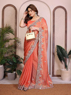 Teeya Creation New Womens Latest Party Wear Soft Chiffon Silk Saree-Peach | Grocsy