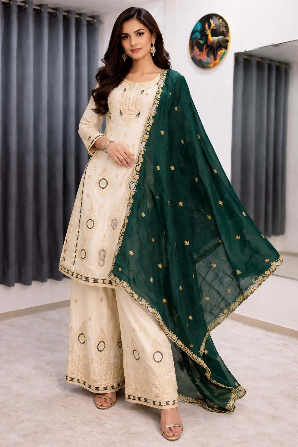 Teeya Creation Green Color Chinon Silk Party Wear Trending Palazzo Set | Grocsy