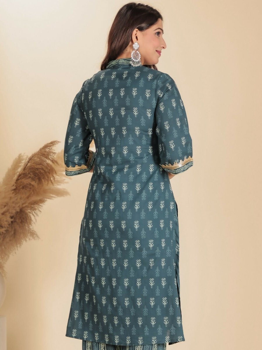 Aramya Blue Soft Cotton Block Straight Kurta for Women | Grocsy