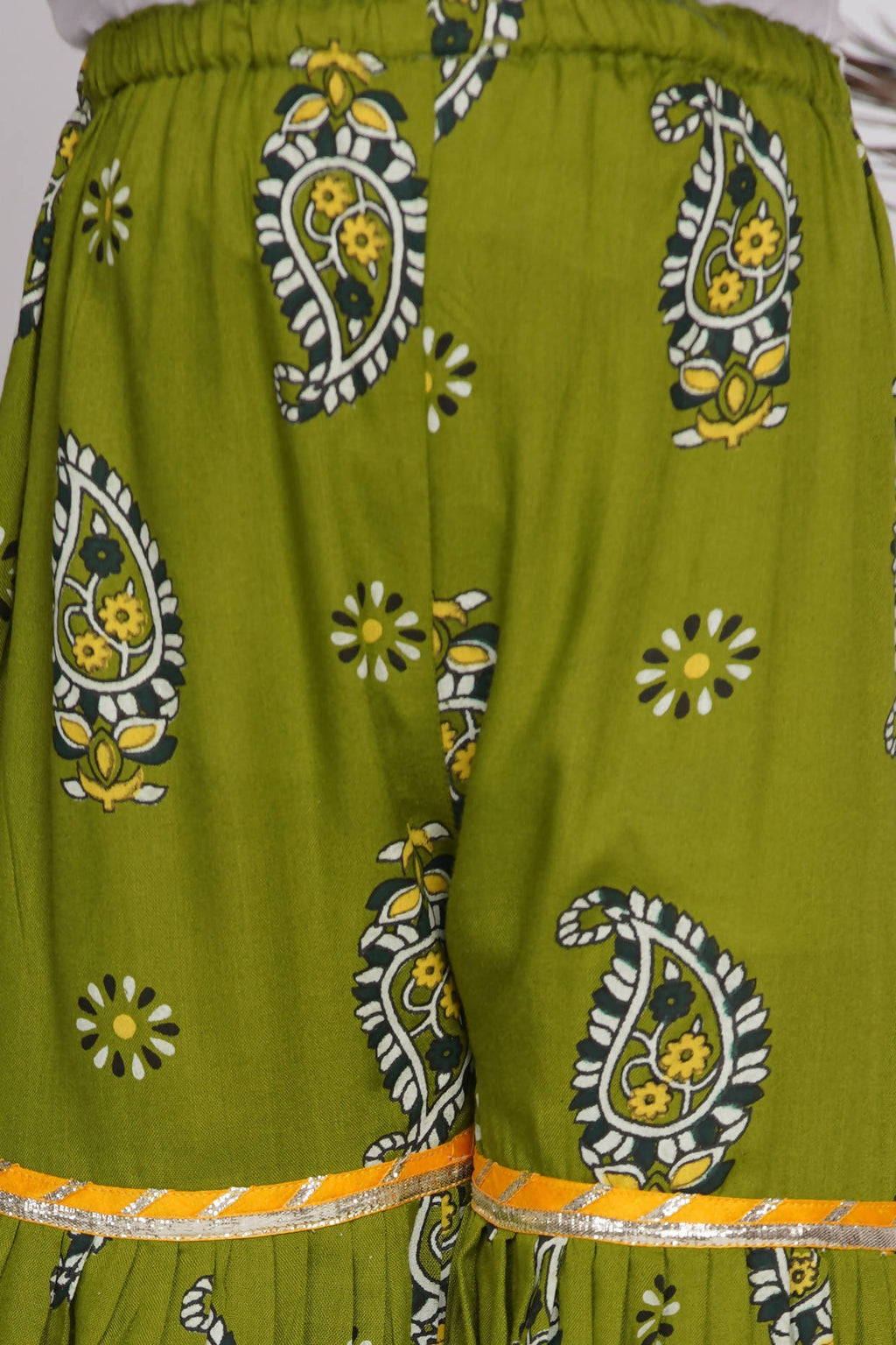 Little Bansi Girls Cotton Floral Kurta with Frill Sharara & Dupatta - Yellow & Green | Grocsy