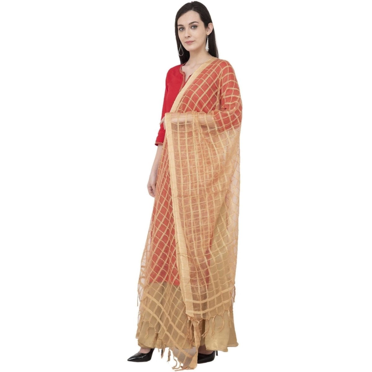 A R Silk Cotton Square Regular Dupatta Color Dark Golden Dupatta or Chunni | Grocsy