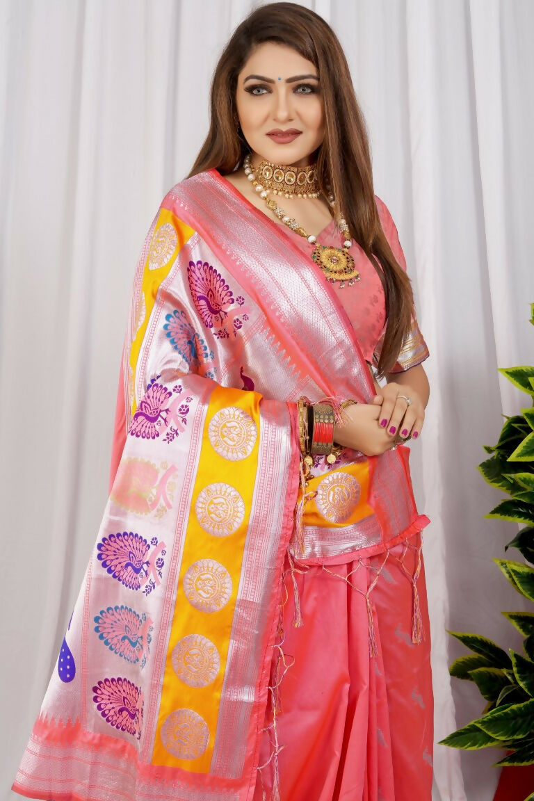 Jyoti Fashion Women's Peach Paithani Silk Zari Woven Saree with Blouse | Grocsy