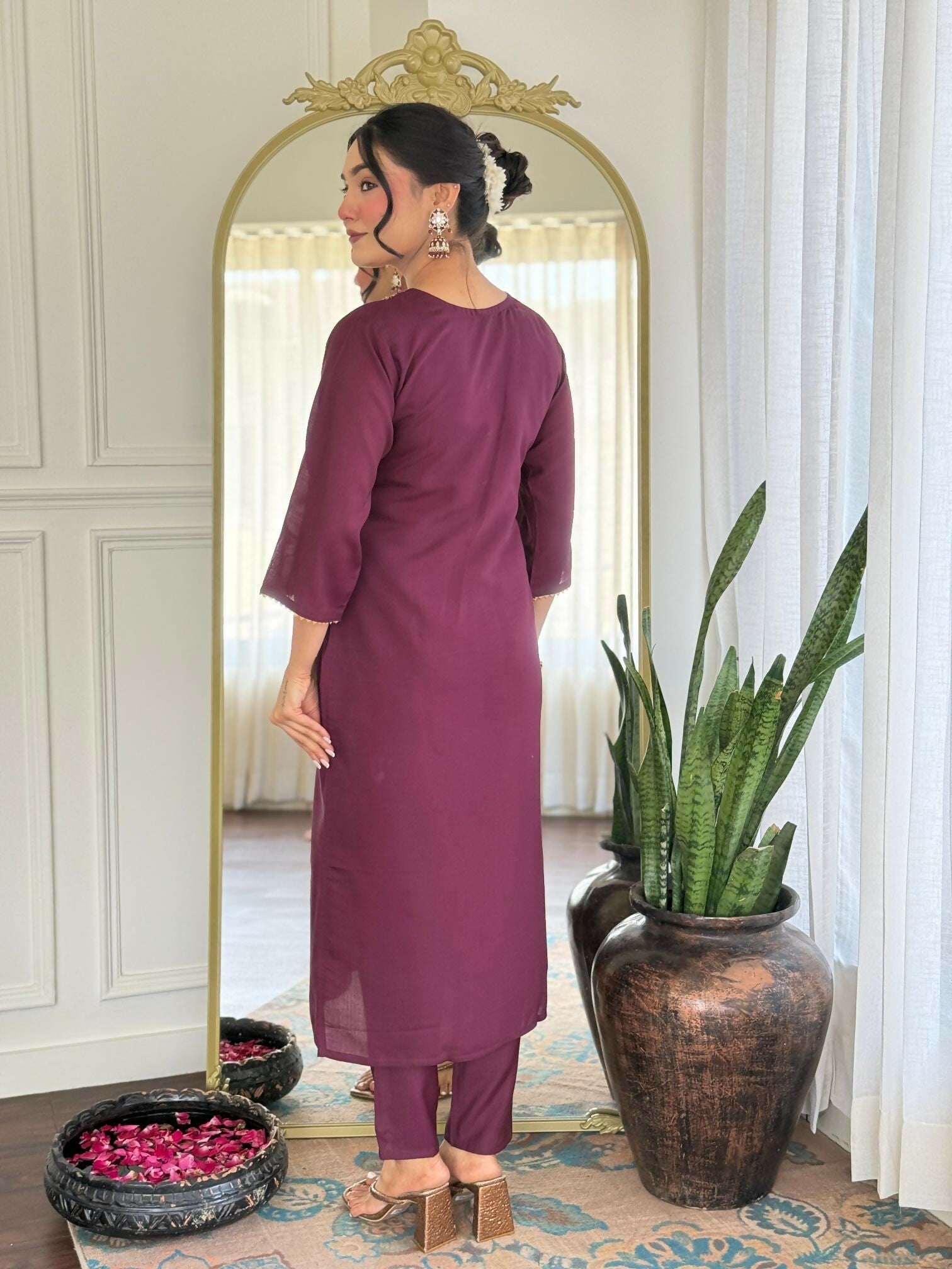 The52 Wine Women's Gorgeous Rayon Fabric Embroidered Work Straight Kurta Pant and Dupatta Set | Grocsy