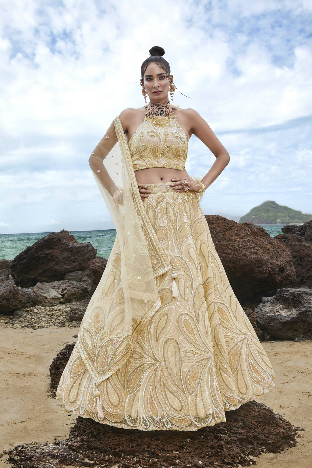 House of Panchhi Cream Net Multi Sequins with heavy Zarkan embroidery Lehenga choli & Dupatta | Grocsy