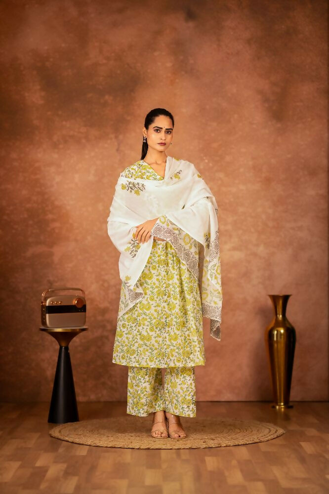 Joban Fashion Yellow Hand Block Printed Cotton Suit Set | Grocsy