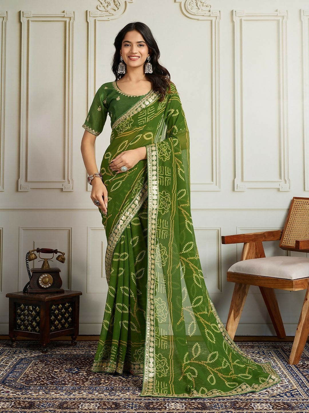 Ai Fashion Green Georgette Rajwadi Bandhani Print Party Wear Saree | Grocsy