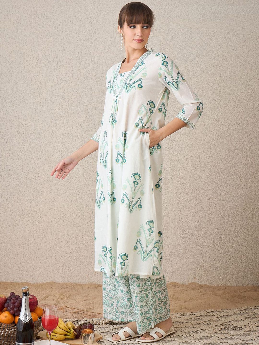 Indo Era Women Floral Printed Regular Sequinned Pure Cotton Kurta with Palazzos | Grocsy