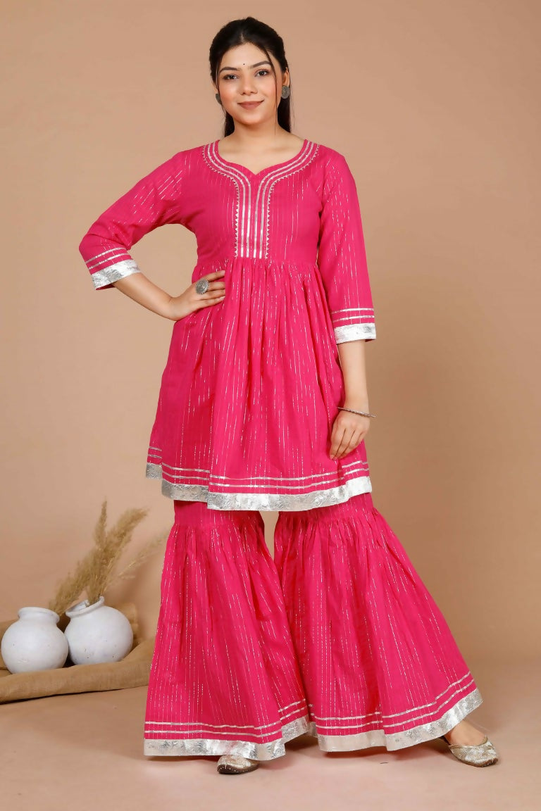 Miravan Women's Pink Printed A-Line Gotta Patti Lurex Cotton Kurti With Sharara | Grocsy