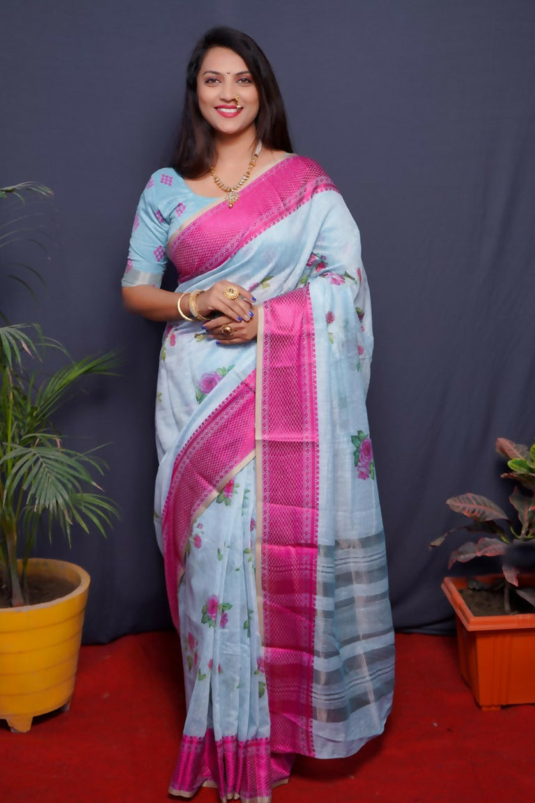 Jyoti Fashion Women's Pink Linen Silk Digital Print with Jacquard Woven Border Saree with Blouse | Grocsy