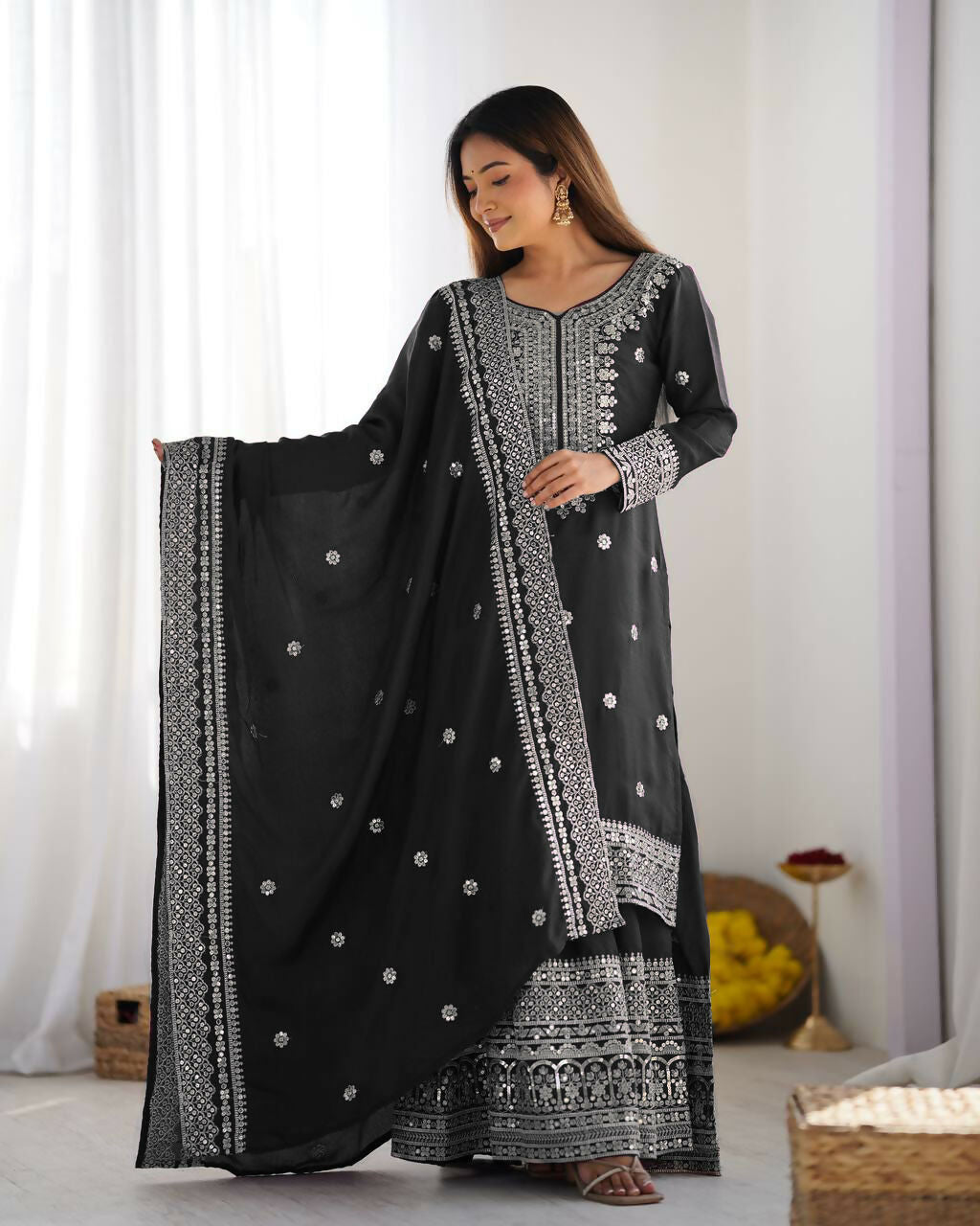 Joban Fashion Black Kurta Set Silk Sequins , Zari, Coding & Thread Embroidered work | Grocsy