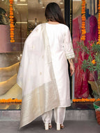 The52 White Beautiful Embroidered Viscose Chanderi Fabric Straight Kurta Pant with Dupatta Set | Grocsy