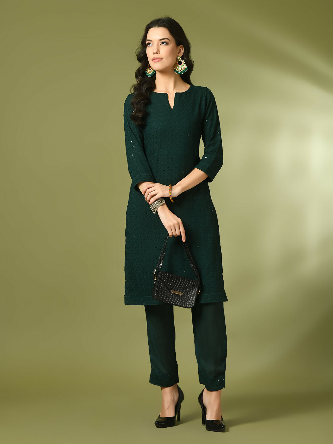 Myshka Women's Green Embroidered Cotton Straight Party Kurta Set | Grocsy
