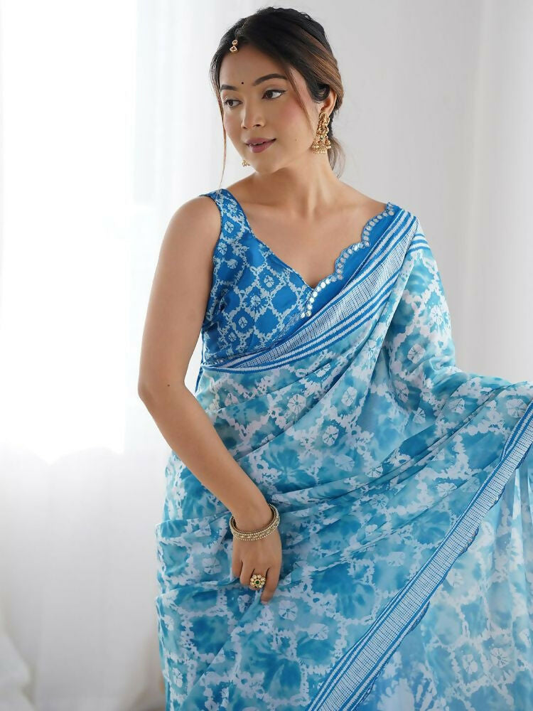 PR Fashion Sky Georgette Digital Print With Mirror Work Saree | Grocsy