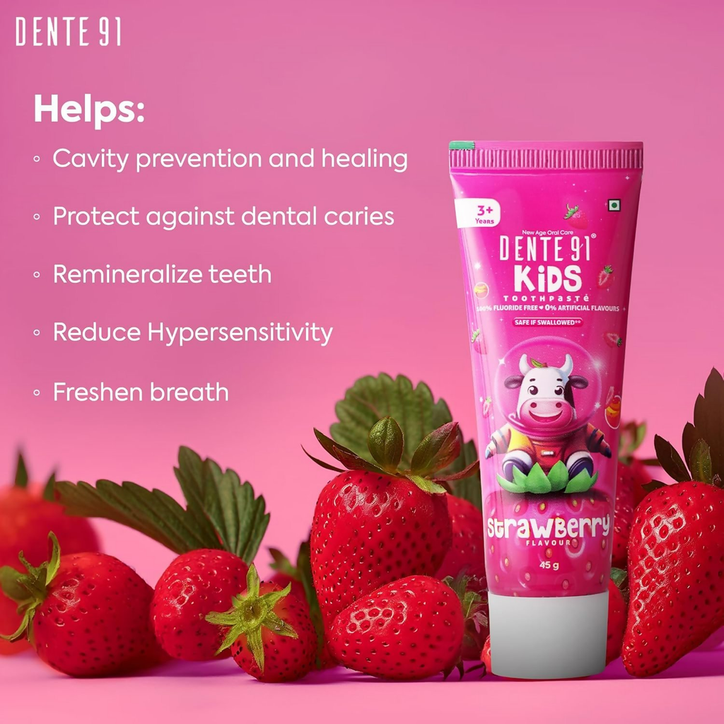 Dente91 Kids Toothpaste Protects Against Dental Caries & Hypersensitivity Fluoride Free Strawberry Flavour | Grocsy