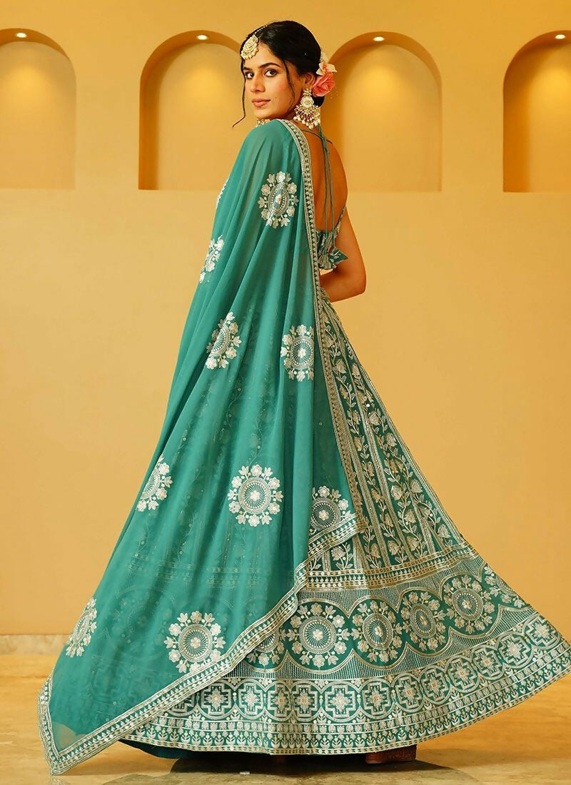 Lehenga Mart Dusty Green Faux Georgette Designer Bollywood Style Wedding Wear Lehenga Choli | Grocsy
