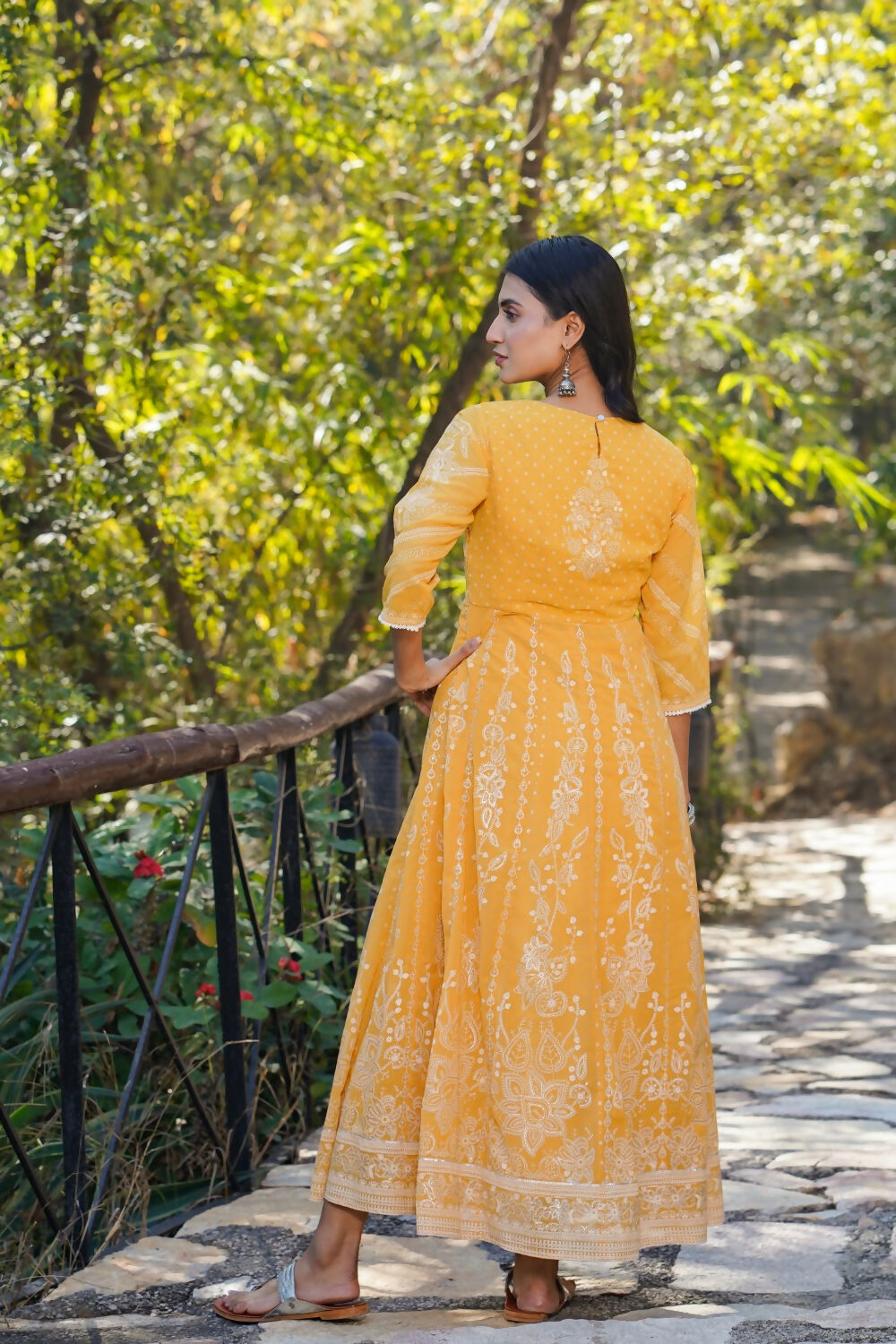 Juniper Yellow Floral Printed Georgette Maxi Dress With Beads Kantha Work & Sequins At Neckline | Grocsy
