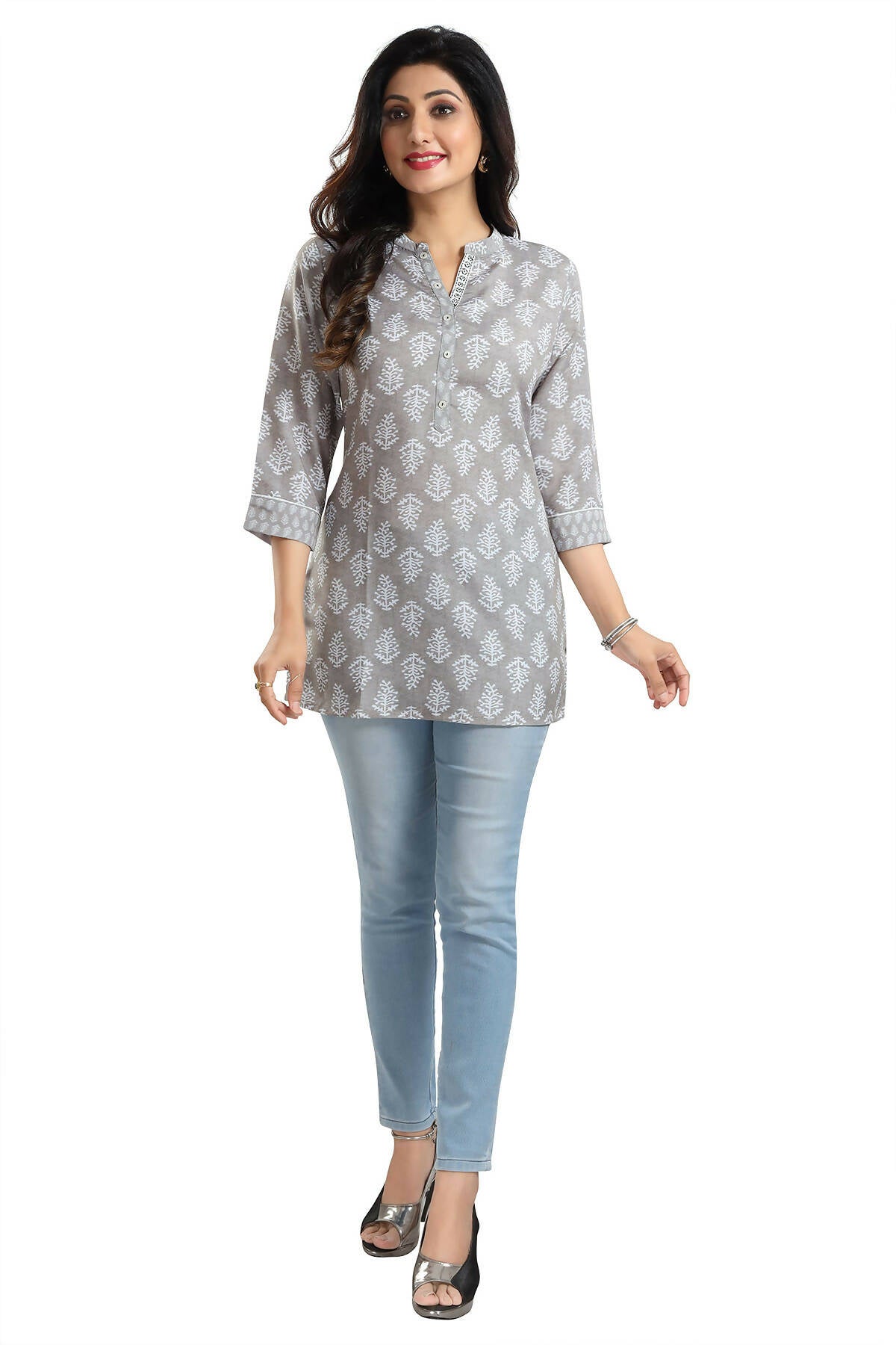 Snehal Creations Gracious Gray Rayon Short Kurti Tunic Top | Grocsy