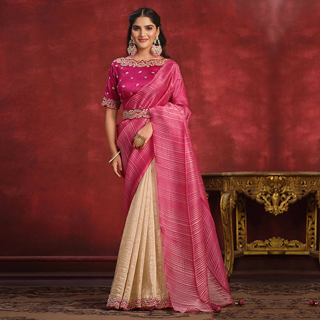 Pink & Beige Banarasi Crush Silk Sequence Thread & Stone Work/ Texture Pallu Saree - Mohmanthan Kimiya | Grocsy