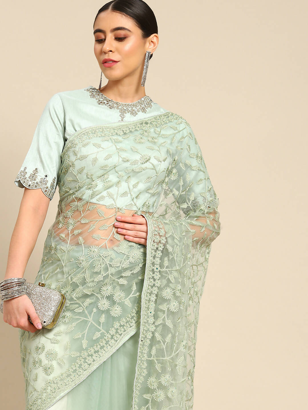 Green Woven Design Net Saree with Blouse Piece - Kalamkari | Grocsy