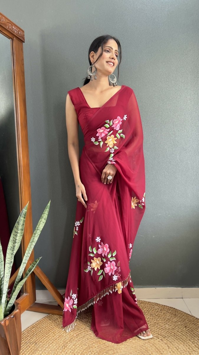 Aayaa Designer 1 min Hand Painted Ready to Wear saree - Maroon | Grocsy