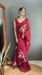 Aayaa Designer 1 min Hand Painted Ready to Wear saree - Maroon | Grocsy