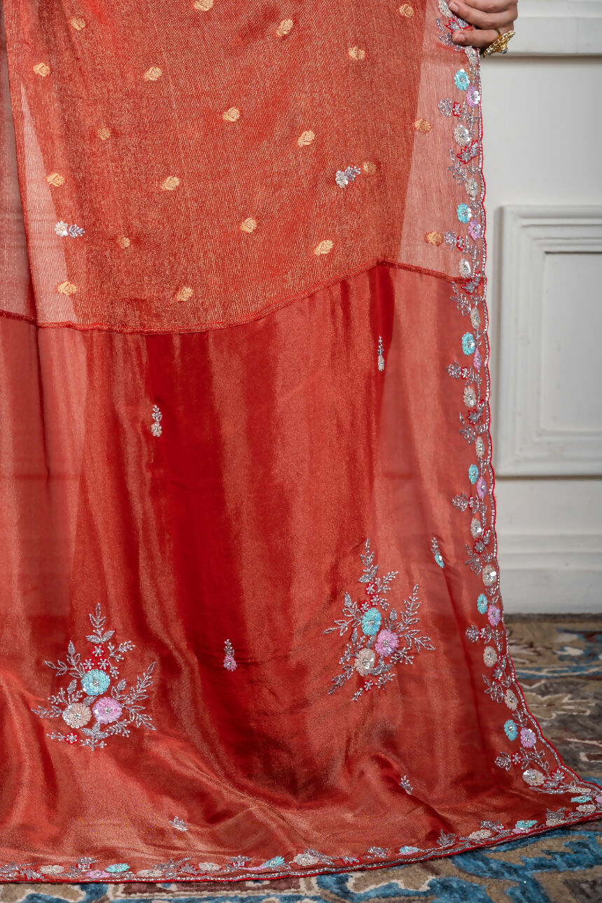 Morchari Rust Red Pure Chiffon Hand Embroidery Saree And Stitched Blouse | Grocsy