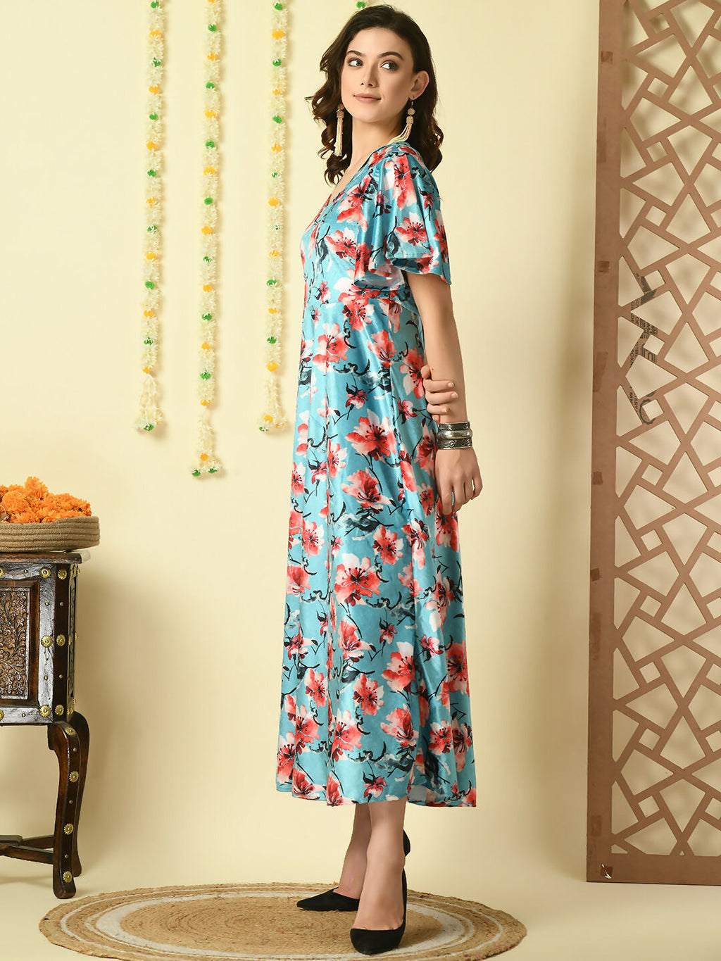 Myshka Women's Multi Printed Velvet Party Dress | Grocsy