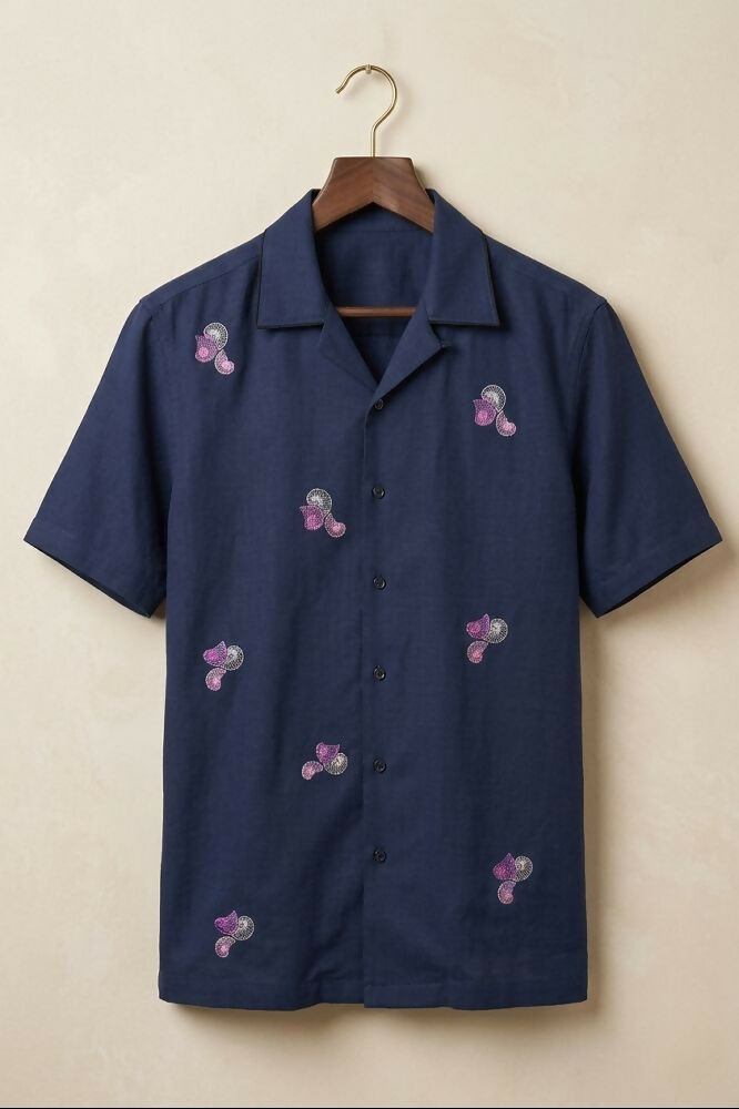 Aureole — Blue Embroidered Cotton Shirt by Hilo Design | Grocsy