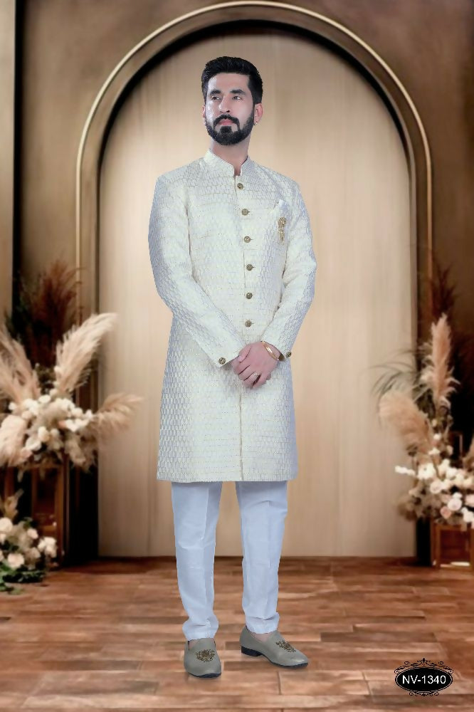 Joban Fashion Men's Yellow & White Cotton Silk Kurta with Pyjama | Grocsy