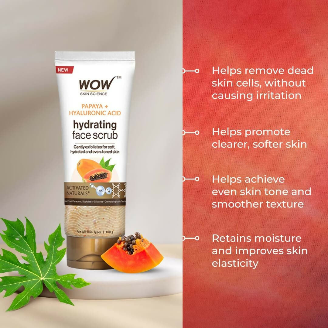 WOW Skin Science Papaya and Hyaluronic Acid Hydrating Face Scrub for Gently Exfoliates, Unclogs Pores | Grocsy