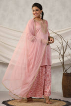 Juniper Women Peach Embroidered Kurta, Pants and Dupatta Set | Grocsy