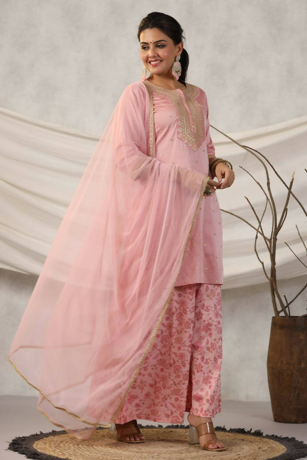 Juniper Women Peach Embroidered Kurta, Pants and Dupatta Set | Grocsy
