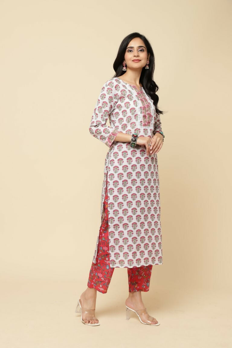 Designer Stylish Red Cotton Blend Stitched Suit With Dupatta - Tanisha | Grocsy