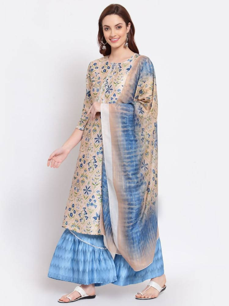 Myshka Women's Multi Color Printed Cotton Blend 3/4 Sleeve Round Neck Casual Kurta Palazzo Dupatta Set | Grocsy