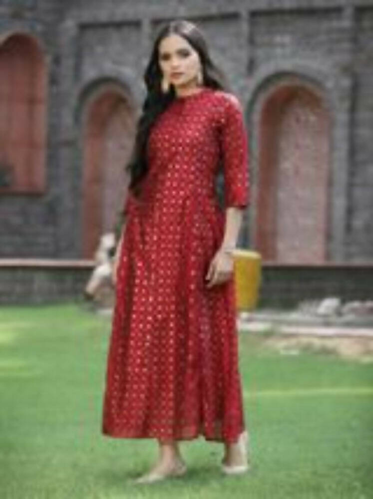 Juniper Women Maroon Chanderi Silk Solid Anarkali Kurta | Grocsy