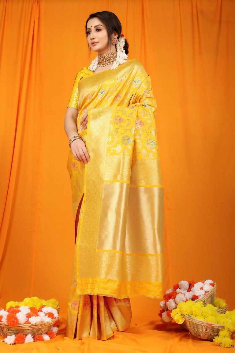 Jyoti Fashion Women's Yellow Kanjivaram Silk Zari Woven Saree with Blouse | Grocsy