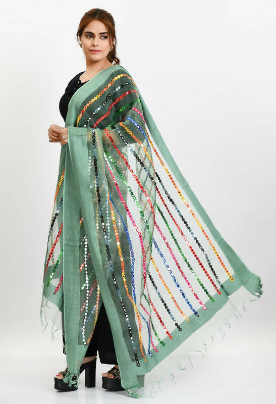 Mominos Fashion Moeza Women's Orgenza Multi Thread Mirror Work Pista Green Dupatta | Grocsy