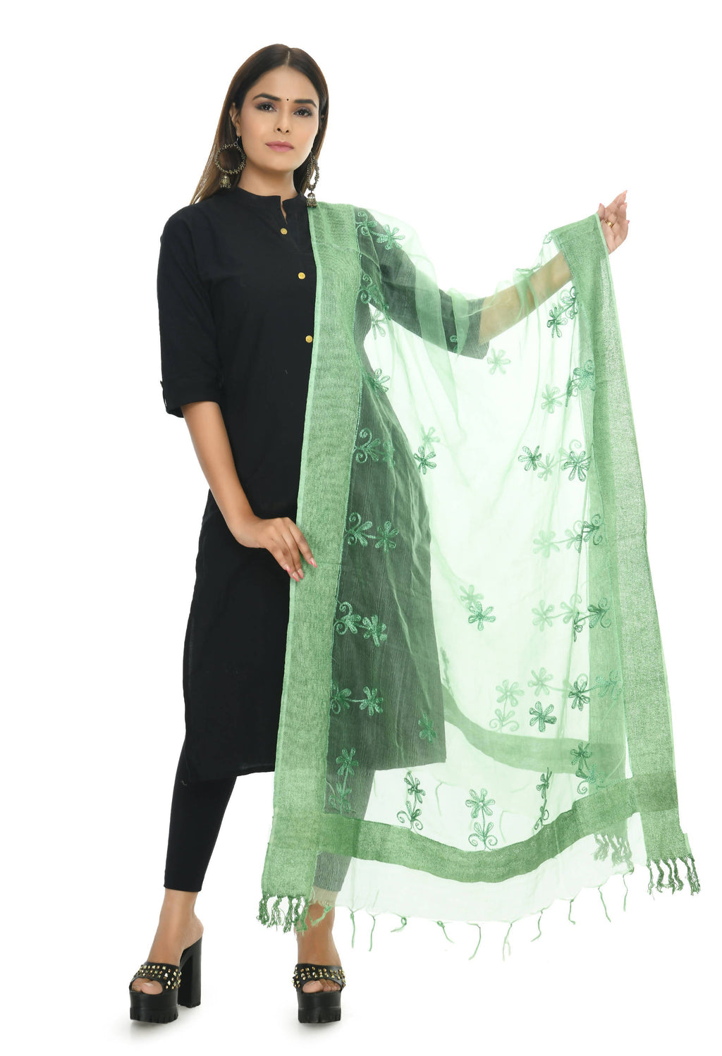 Mominos Fashion Moeza Orgenza Pista Green Chikan Work Dupatta | Grocsy