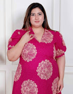 Miravan Plus Size Womens Pink Printed Collar Neck Short Puff Sleeves Cotton A-Line Maxi Dress | Grocsy