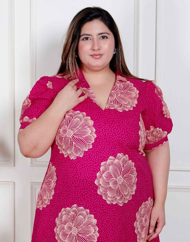 Miravan Plus Size Womens Pink Printed Collar Neck Short Puff Sleeves Cotton A-Line Maxi Dress | Grocsy