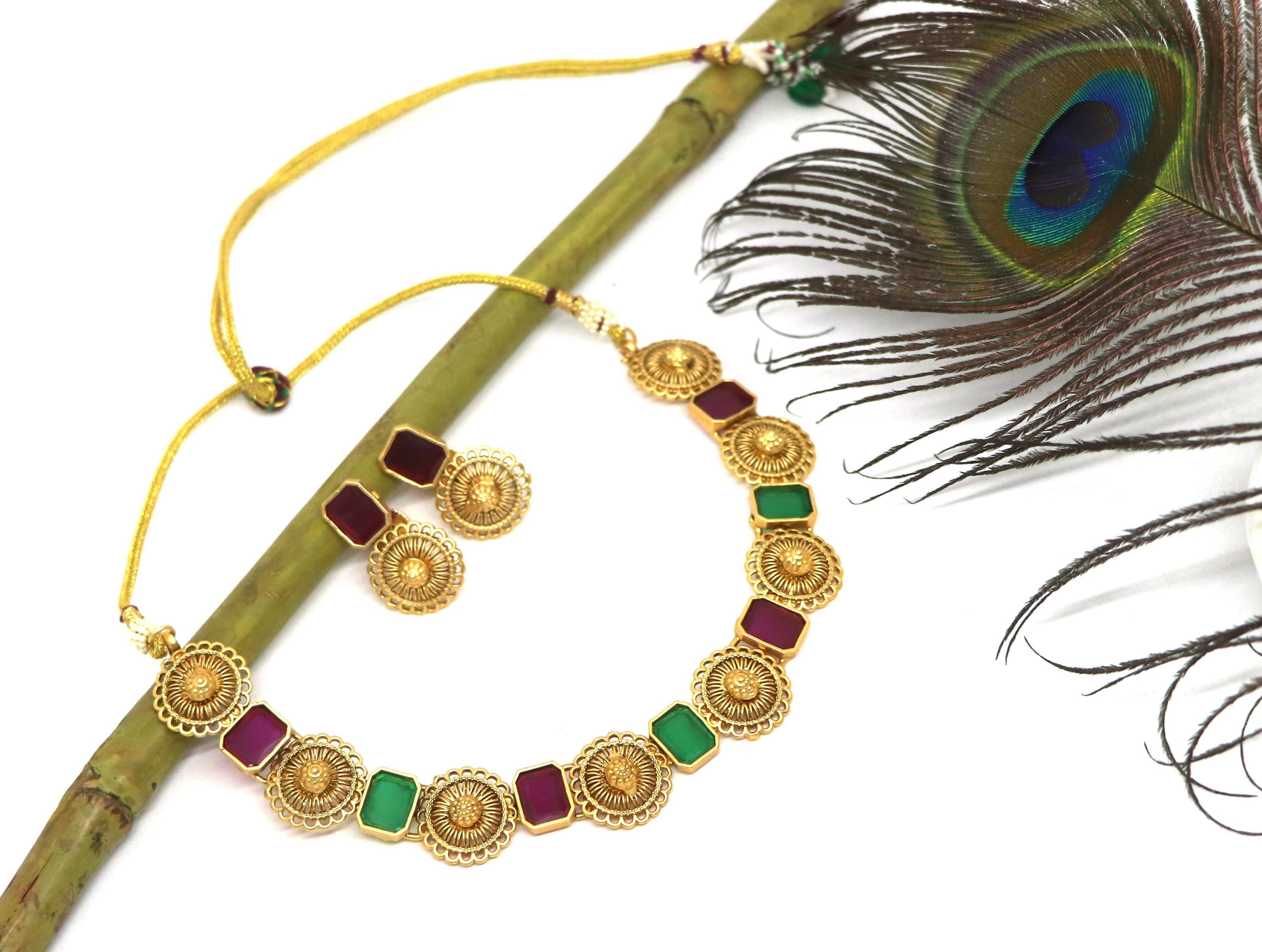 Joban Fashion Maroon & Green Pure Brass With Rajwadi Polish Necklace Set | Grocsy