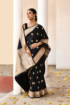 Joban Fashion Black Pure Katan Pure Handloom Banarasi Silk Saree | Grocsy