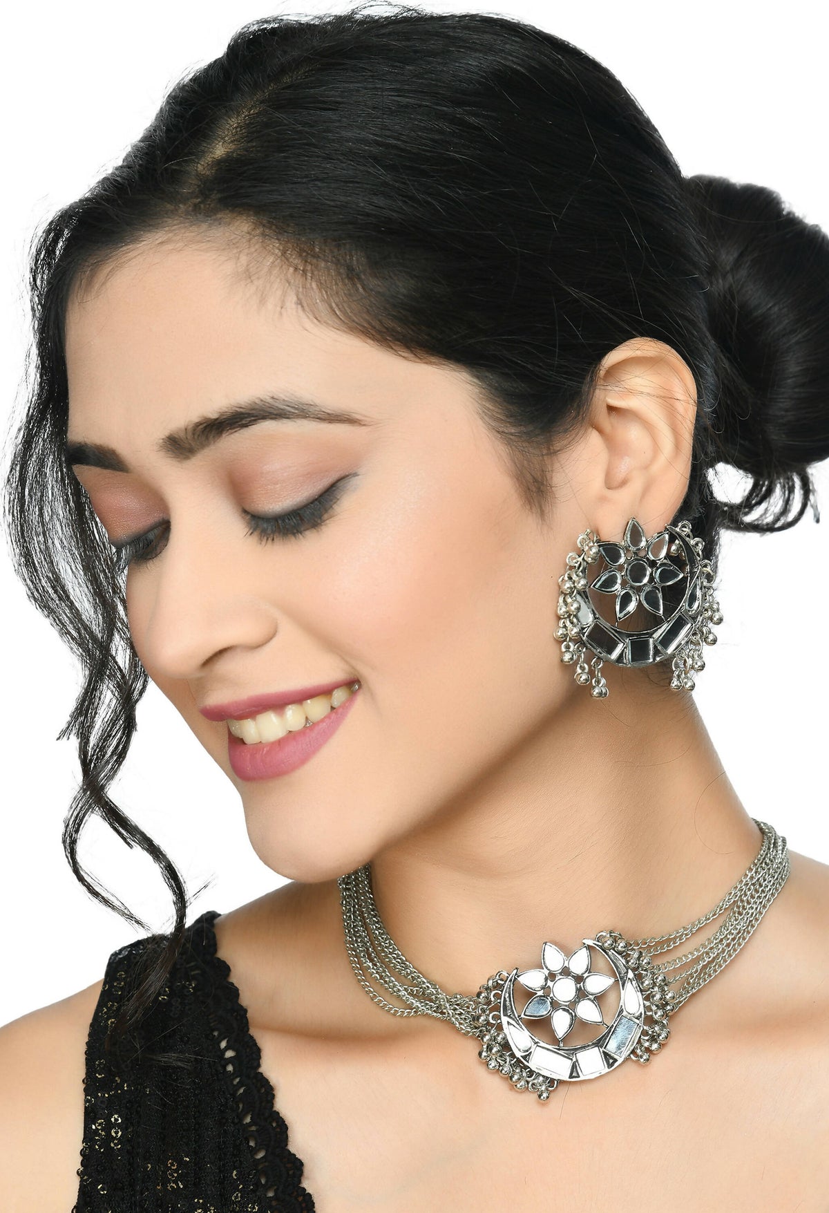 Mominos Fashion Johar Kamal Silver-Plated Brass Finish Mirror Work Choker For Women | Grocsy