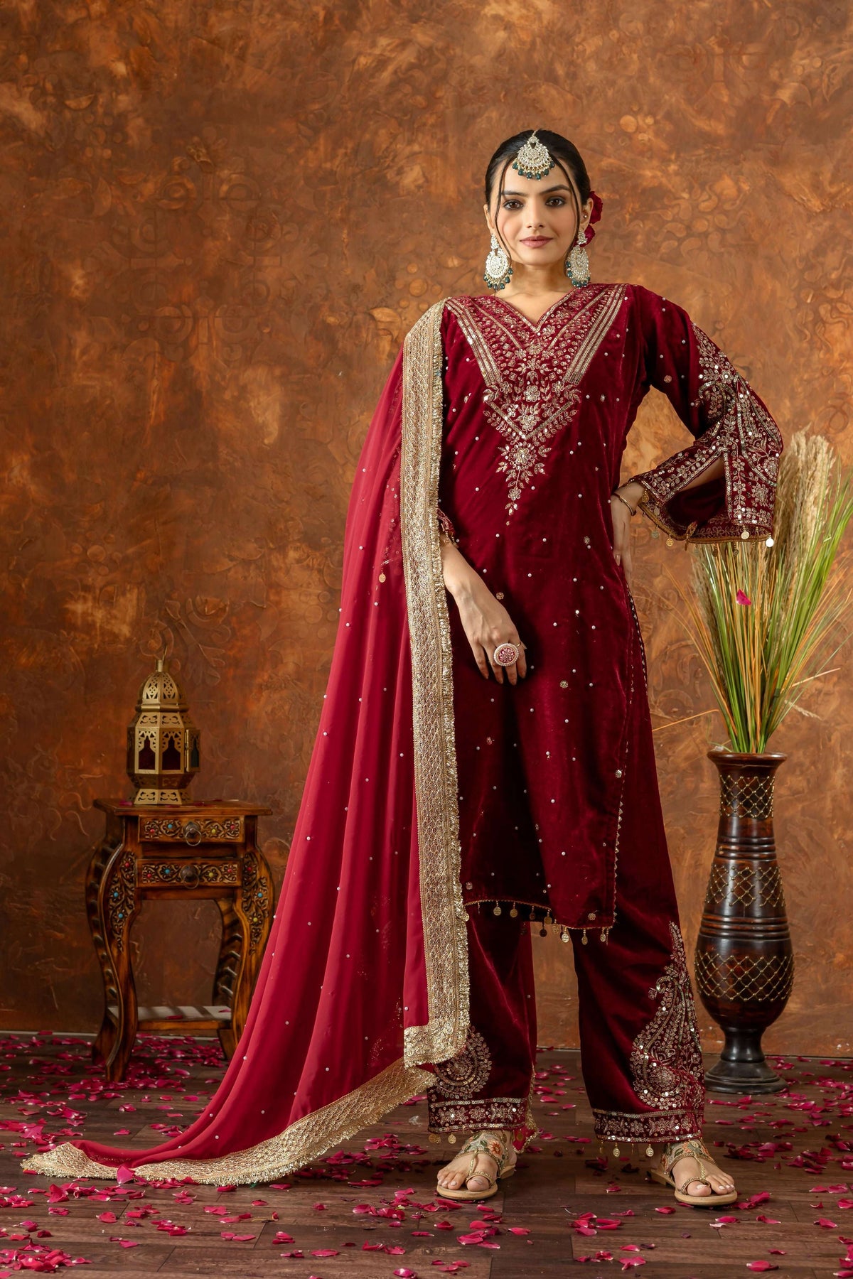 Joban Fashion Deep Maroon Velvet Embroidery Kurta Set | Grocsy
