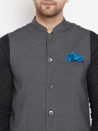 Even Apparels Grey Merino Men's Nehru Jacket-Contrast Lining-Free Pocket Square PW691 | Grocsy